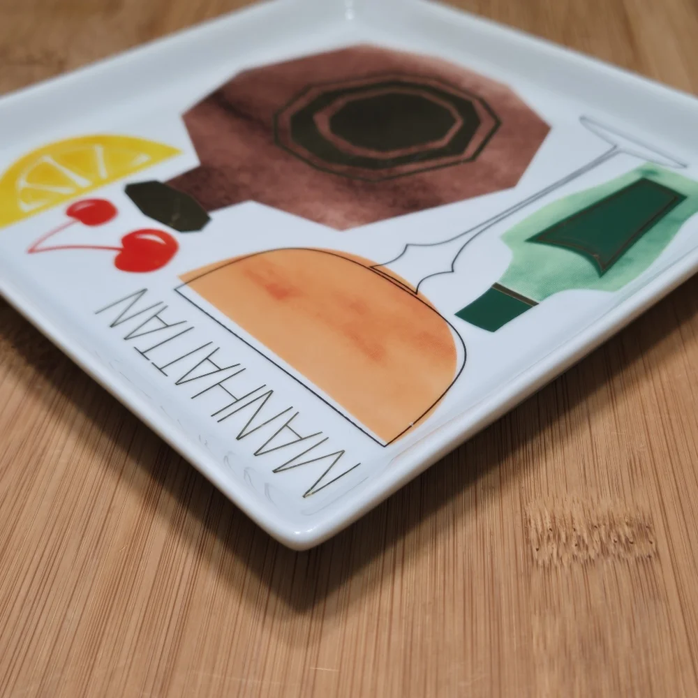 Crate & Barrel Manhattan Recipe Plate Trinket Dish Appetizer, recipe on back
